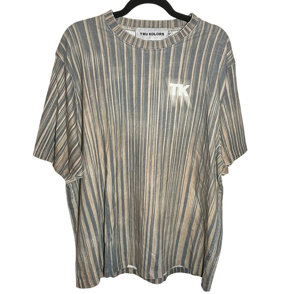 Tru Kolors Men's Blue Tan Vertical Striped Logo Short Sleeve Tee Size XXL